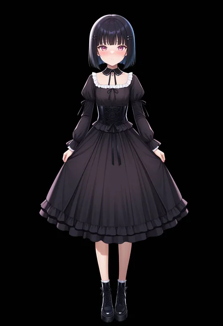 masterpiece, absurdres,amazing quality, best quality, extremely detailed, detailed background, <lora:character_cg:1>,1girl, young female, solo, gothic fashion, casual outfit, black hair, character cg, full body cg, black background