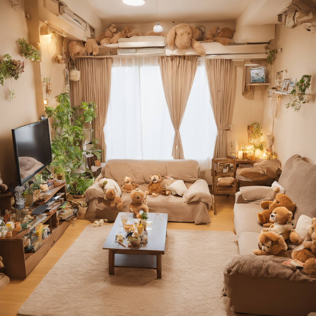 best quality, ultra-detailed,
JJROOM, scenery, table, television, indoors, stuffed toy, stuffed animal, cup, couch, teddy bear, plant, curtains, pillow, chair, 
 <lora:jyoshi_no_heya_SDXL_V1:1>