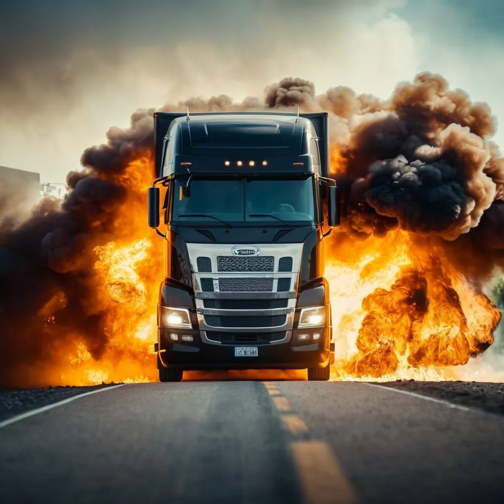 cinematic film still of  <lora:cinematic explosion style:1.5>
a semi truck with a lot of smoke and fire coming out of it cinematic explosion style, shallow depth of field, vignette, highly detailed, high budget, bokeh, cinemascope, moody, epic, gorgeous, film grain, grainy