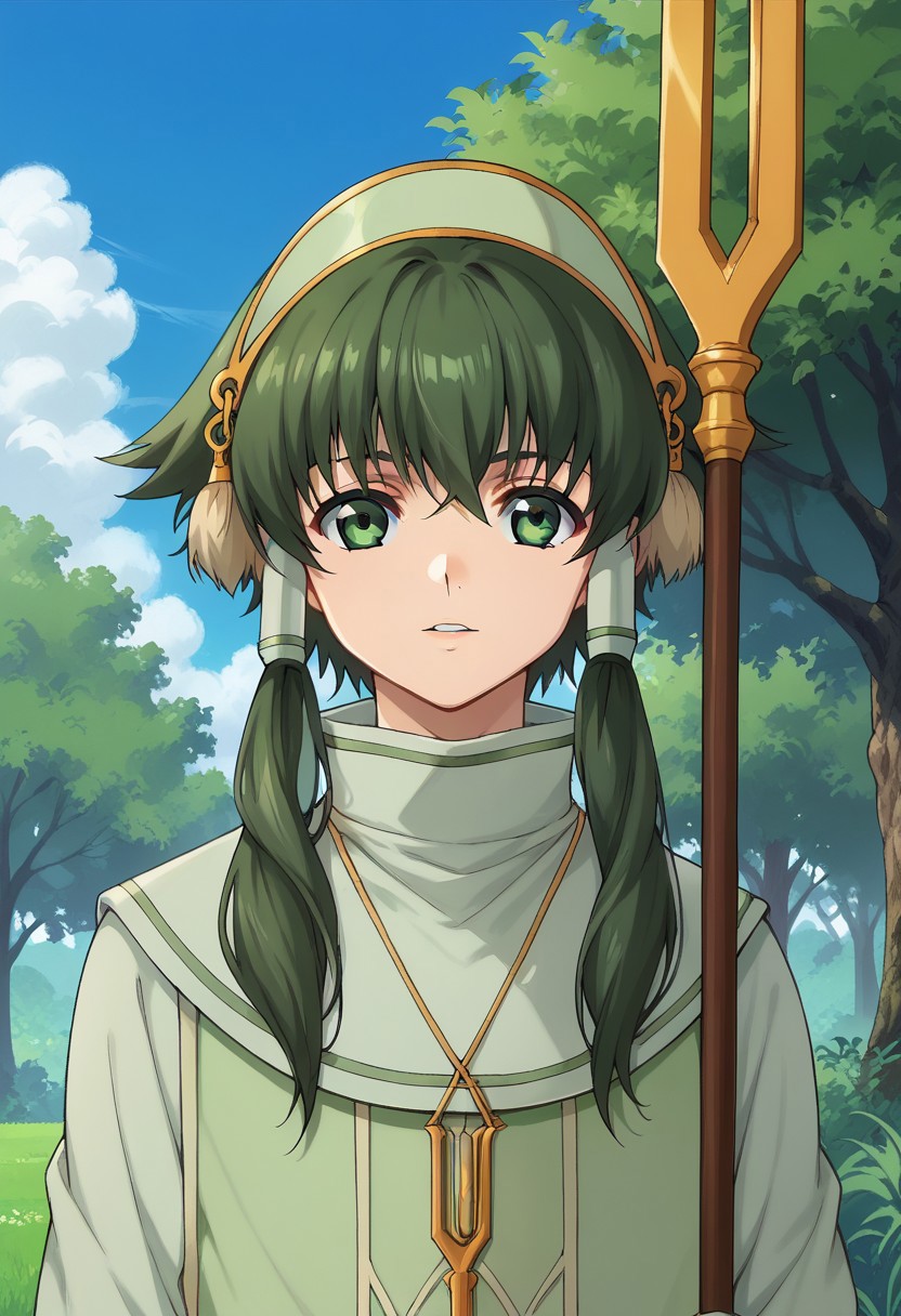 score_9, score_8_up, score_7_up, source_anime, highly detailed, 
fonion, male focus, 1boy, solo, green hair, hair tubes, sidelocks, green eyes, short hair with long locks, jewelry, vest, green vest, hairband, necklace, upper body, staff, hold, holding staff,
outdoor, sky, tree