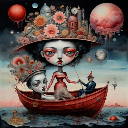 watercolor of a  lowbrow art style, surreal summerscape sunset,with   Pepita  a red dada and a dede hat, holding a large dada that shields  fairytale landscape, hyperrealism, micro-details, surreal, detailing, transparent watercolor+ink, pastel shades, clear outline, stardust, incredible beautiful landscape, dark botanical,dark fantasy,multicolor,multilayer, 3d, threads, fibers, engraving, color illustration, star map, moon, volumetric, unusual fluffy flowers"couple with a  man, a bright white face, and women dark black face with red eyes looking straight at you in a boat More surrealism and madness.much more surrealism and crazy designs. With gold and cardinal red surreal Salvador Dali clouds coming out of her head.more surrealism and bizarre designs with bright vibrant colours.