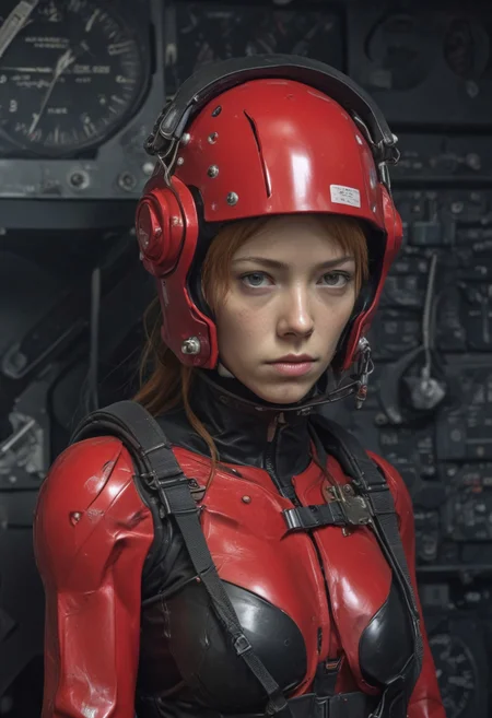 Blame by Tsutomu nihei, realistic, red girl, helmet, clock, english text, cables everywhere, gold plated, scenery, easynegative, deepnegative_v1_75t