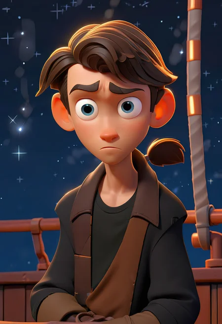 3d animation of HawkJim, pixar style, 15 years old, male, gold earring, short pirate tail, brown jacket, black shirt, looking at viewer, neutral expression, high quality, stars in sky background, ship deck  <lora:HawkJim_man-000005:0.8>
