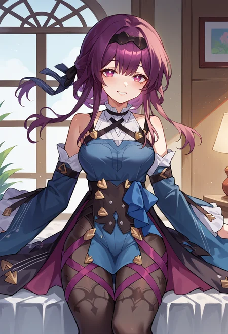 score_9, score_7_up, source_anime, solo, come hither, smile, cowboy shot, BREAK <lora:kafka (1):1> kafka, hair ribbon, frilled choker, criss-cross halter, sleeveless dress, high-waist skirt, backless dress, blue dress, waist blue bow, detached sleeves, frilled sleeves, wide sleeves, blue sleeves, black pantyhose, patterned legwear, pinstripe pantyhose, mary janes, layered dress,