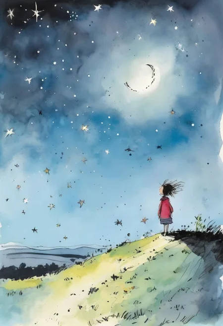<lora:Quentin Blake Style:1>Quentin Blake Style - Quentin Blake illustration style, cartoon by quentin blake, clear bright night sky with stars and moon,little girl on a hill looking up at the night sky, outdoors, warm, lovely, beautiful, awesome, endless stars, constellations