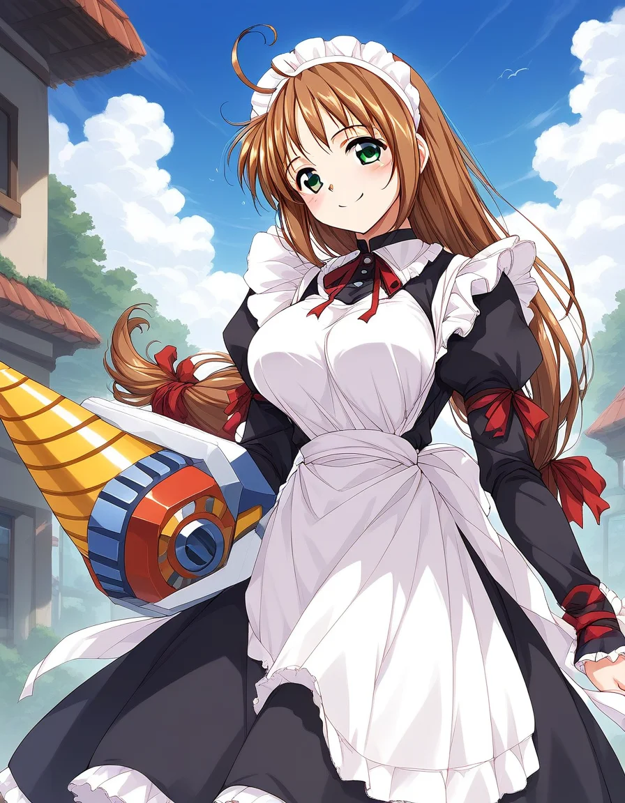 score_9, score_8_up, score_7_up, source_anime, rating_explicit, BREAK <lora:Spiral_Nami_Ver2.0_XL:1> Spiral_Nami_drill, weapon, drill, brown hair, green eyes, maid headdress, ahoge, low-tied long hair, maid, large breasts,
smile, apron, sky, cloud, day, outdoors, blush, looking at viewer, holding, ribbon, long sleeves, red ribbon, bow
outdoor, sky,