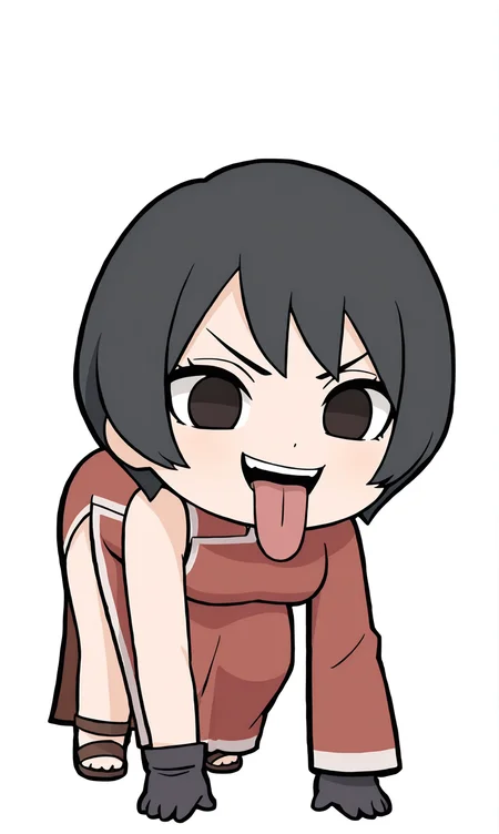 masterpiece,best quality,game cg,
running pose,chibi,all fours,open mouth,tongue out,full body,
female,
kurotsuchii,1girl,solo,looking at viewer,no pupils,smile,
short hair,china dress,side slit,single sleeve,long sleeve,bare shoulder,black gloves,
sandals,
simple background,