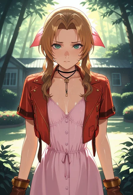 masterpiece,best quality,amazing quality,very aesthetic,absurdres,newest, detailed faces, (((typ0))),, (vibrant, dynamic lighting, edge lighting), (dramatic lighting:1.5),, (detailed faces:1.5), (detailed eyes:1.5), outside, house, garden,
(1girl: Aerith Gainsborough, DefAerith, red jacket, cropped jacket, bow, choker, long pink dress, short boots, brown boots, brown hair, braided ponytail, long hair, green eyes, hair ribbon, petite, skinny, slim figure, small teardrop breasts),