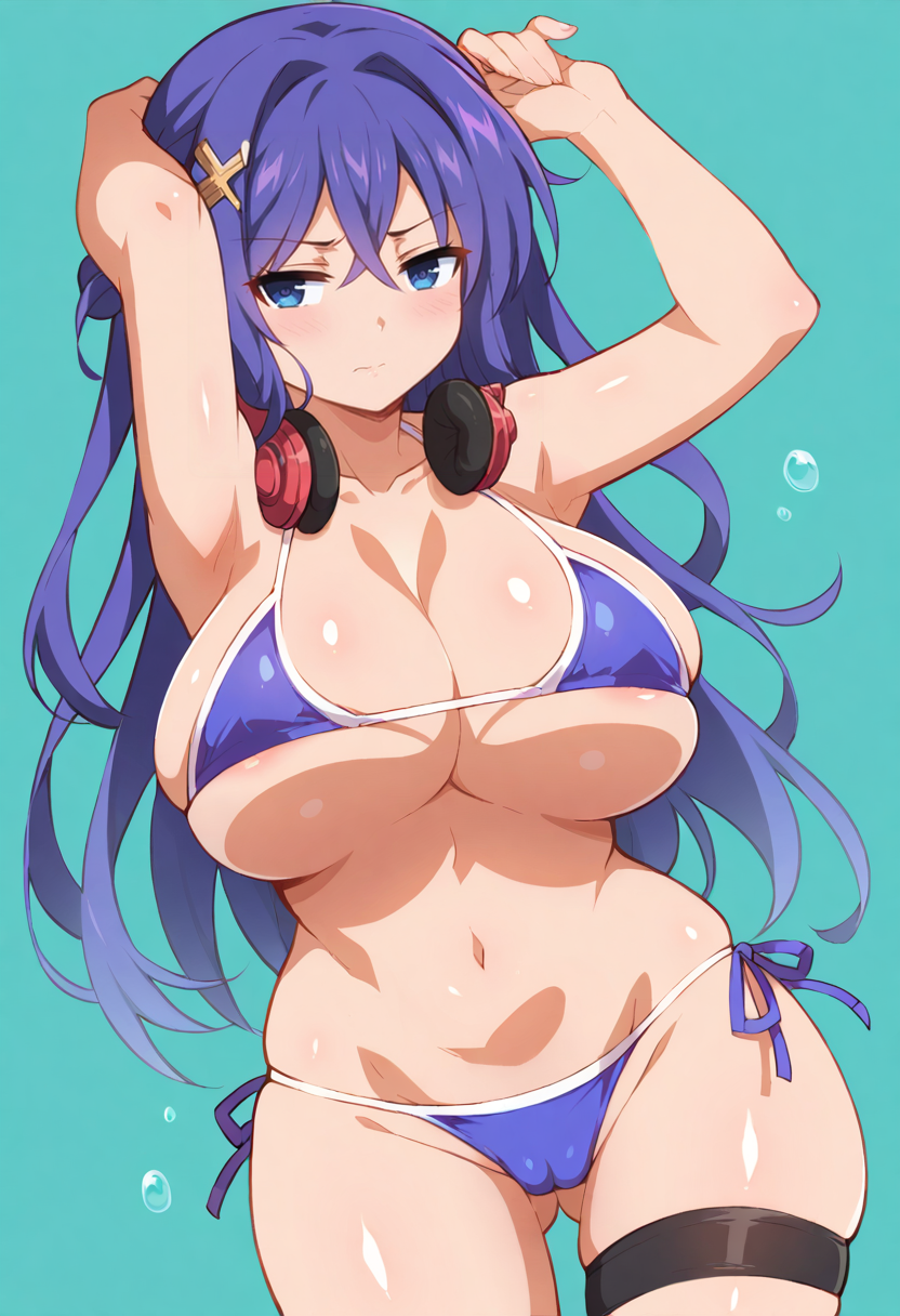 score_9, score_7_up,  1girl, 
huge breasts, wide hips, thick thighs, headphones around neck, breasts, blue eyes, looking at viewer, navel, cowboy shot, bubble, headphones, solo, skindentation, arms up, long hair, hair ornament, standing, purple bikini, thigh gap, bikini, swimsuit, blue background, cleavage, bare arms, aqua background, groin, closed mouth, purple hair, armpits, string bikini, hair rings, ass visible through thighs, large breasts, side-tie bikini bottom, two-tone background, hair between eyes, shiny skin, blush, collarbone, thighs, sidelocks, underboob, thigh strap, cameltoe, bare shoulders, micro bikini
 <lora:wanaca-Style-PonyXL-GLoRA-000046:1>