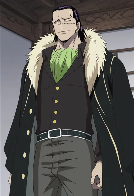 score_9, score_8_up, score_7_up, source_anime, rating_safe, CrocodileOP, black-purple_Croco_hair, Croco_scar across face, yellow_Croco_single earring, black eyes, 1boy, male focus, anime screencap, green_Croco_ascot, black_Croco_fur coat, black_Croco_shirt, black-white_Croco_belt, grey_Croco_pants, gold_buttons