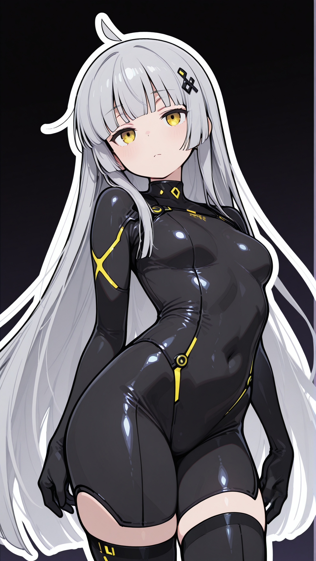 masterpiece, best quality, amazing quality, 
1girl, solo, gray hair, very long hair, hair ornament, ahoge, bangs, blunt bangs, black thigh highs, gloves, bodysuit, colorful, simple dark background, white outline, beautiful Face, yellow eyes
 <lora:kaibashira__Illustrious:1>