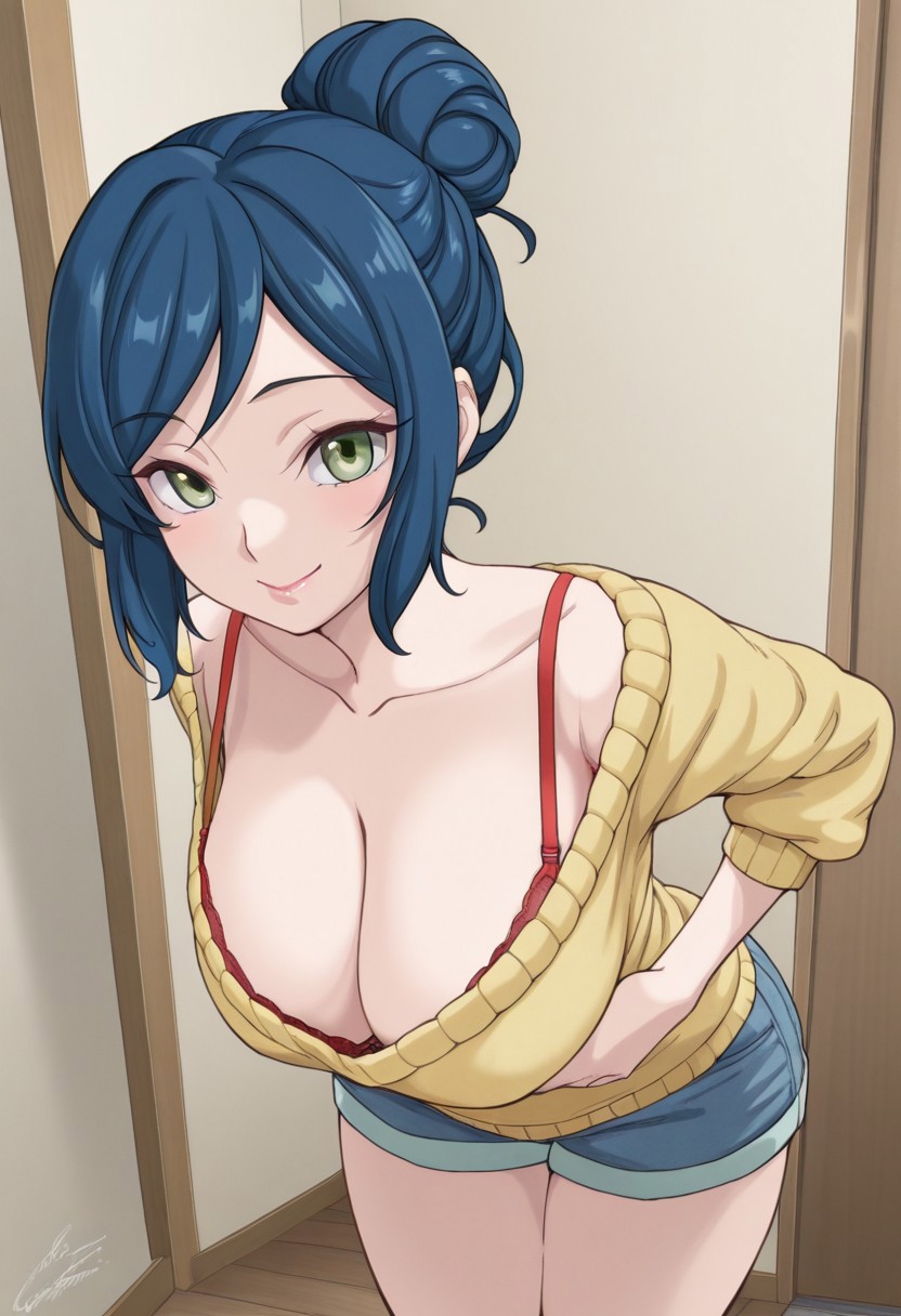 masterpiece,best quality,amazing quality, cotori_yuu, 1girl, solo, iorrin, blue hair, hair bun, high hair bun, mature female, green eyes, lower lip, large breasts ,collarbone, yellow sweater, cleavage, blue denim, shorts, red bra straps downblouse, 
looking at viewer, happy