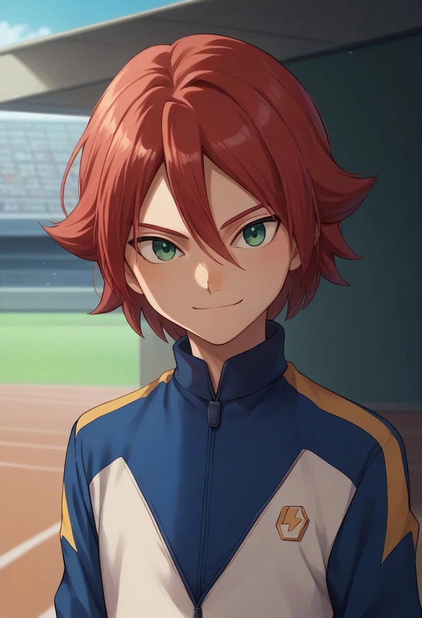 score_9, score_8_up, score_7_up, source_anime, highly detailed,
hiroto, 1boy, male focus, solo, red hair, hair between eyes, green eyes, sportwear, jacket, track jacket, track suit,
upper body, smile, slender, skinny
outdoor,