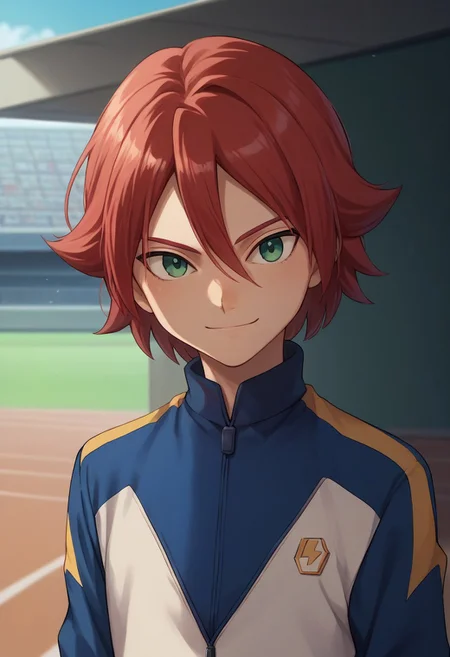 score_9, score_8_up, score_7_up, source_anime, highly detailed, 
hiroto, 1boy, male focus, solo, red hair, hair between eyes, green eyes, sportwear, jacket, track jacket, track suit,
upper body, smile, slender, skinny
outdoor,