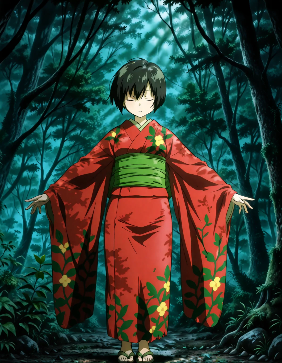 (1girl, solo:1.3), (2girls, 3girls, 4girls, multiple girls, 2boys, 3boys, 4boys, multiple boys:-1.5) <lora:Ioroi_Renzu_Mushi-shi_Illustrious:0.9>, ioroi_renzu, medium breasts, grey eyes, green eyes, black hair, short hair, bob cut, bangs, hair between eyes, japanese clothes, kimono, red kimono, obi, green obi, sandals (pout:0.7), closed eyes, general, contrapposto, dynamic pose, outstretched arms, upper body, from side, from below, dutch angle, outdoors, forest, japanese forest, japanese shrine, (torii:-1.0), ancient forest, dense foliage, mossy trees, mist, eerie silence, no people, overgrown, primeval, twilight lighting, mystical, waterfall, A vast, untouched forest frozen in time, where ancient, towering trees with thick, moss-covered trunks rise from a ground layered with centuries of decaying leaves and soft green undergrowth. Twisted roots snake across damp soil, and the air hangs heavy with mist and silence. Shafts of pale light struggle to pierce the dense canopy, casting a faint glow on the shadowy floor below. Ferns and strange fungi thrive in the perpetual twilight, and no sign of human presence disturbs the eerie stillness. The atmosphere feels sacred, as if the forest itself is watching. A green forest with tall trees and dense foliage, an abstract depiction of a tranquil forest scene, where the towering trees create a serene, mystical atmosphere. The forest floor is covered with rich greenery, and the soft natural light filters gently through the leaves, subtly illuminating the scene without overpowering the natural beauty of the surroundings. (close-up:1.3), face focus, noon, fog, after rain, , night, , , straight-on, (light leaks, light rays:1.1), <lora:NOOB_EPSv1_1_detailer_by_vlnvk_v1_0:1.5>, (photo background:0.7), evening, (tachibana yuu:0.6), inue shinsuke, (kazuma muramasa:0.0), saikawa yusa, (aoi manabu:0.6), abarerumidori, (suzui narumi:0.6), masterpiece, newest, absurdres, 8K, anime screenshot, anime coloring, flat color, official art, film grain, <lora:illustriousXLv01_stabilizer_v1.185c:0.7>, <lora:LECO_Solo:-4.0>,