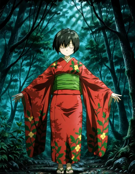 (1girl, solo:1.3), (2girls, 3girls, 4girls, multiple girls, 2boys, 3boys, 4boys, multiple boys:-1.5) <lora:Ioroi_Renzu_Mushi-shi_Illustrious:0.9>, ioroi_renzu, medium breasts, grey eyes, green eyes, black hair, short hair, bob cut, bangs, hair between eyes, japanese clothes, kimono, red kimono, obi, green obi, sandals (pout:0.7), closed eyes, general, contrapposto, dynamic pose, outstretched arms, upper body, from side, from below, dutch angle, outdoors, forest, japanese forest, japanese shrine, (torii:-1.0), ancient forest, dense foliage, mossy trees, mist, eerie silence, no people, overgrown, primeval, twilight lighting, mystical, waterfall, A vast, untouched forest frozen in time, where ancient, towering trees with thick, moss-covered trunks rise from a ground layered with centuries of decaying leaves and soft green undergrowth. Twisted roots snake across damp soil, and the air hangs heavy with mist and silence. Shafts of pale light struggle to pierce the dense canopy, casting a faint glow on the shadowy floor below. Ferns and strange fungi thrive in the perpetual twilight, and no sign of human presence disturbs the eerie stillness. The atmosphere feels sacred, as if the forest itself is watching. A green forest with tall trees and dense foliage, an abstract depiction of a tranquil forest scene, where the towering trees create a serene, mystical atmosphere. The forest floor is covered with rich greenery, and the soft natural light filters gently through the leaves, subtly illuminating the scene without overpowering the natural beauty of the surroundings. (close-up:1.3), face focus, noon, fog, after rain, , night, , , straight-on, (light leaks, light rays:1.1), <lora:NOOB_EPSv1_1_detailer_by_vlnvk_v1_0:1.5>, (photo background:0.7), evening, (tachibana yuu:0.6), inue shinsuke, (kazuma muramasa:0.0), saikawa yusa, (aoi manabu:0.6), abarerumidori, (suzui narumi:0.6), masterpiece, newest, absurdres, 8K, anime screenshot, anime coloring, flat color, official art, film grain, <lora:illustriousXLv01_stabilizer_v1.185c:0.7>, <lora:LECO_Solo:-4.0>,