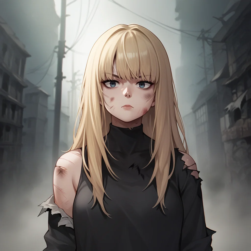 score_9,score_8_up,score_7_up,score_6_up,source_anime,rating_safe,1girl, solo,horror movie, expressionless, annoyed, long blonde hair, <lora:Battle_Damage:0.8> battledamage, cuts, bruises, damaged, zPDXL2,