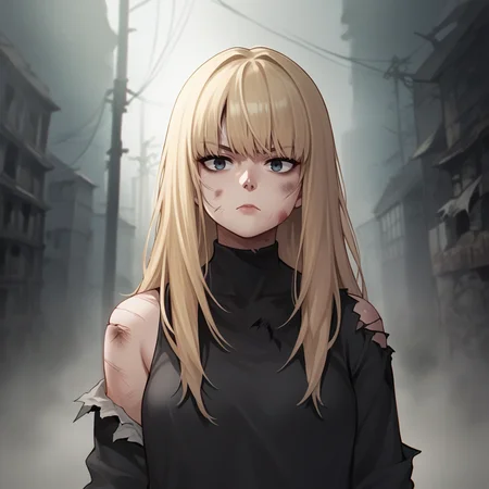 score_9,score_8_up,score_7_up,score_6_up,source_anime,rating_safe,1girl, solo,horror movie, expressionless, annoyed, long blonde hair, <lora:Battle_Damage:0.8> battledamage, cuts, bruises, damaged, zPDXL2,