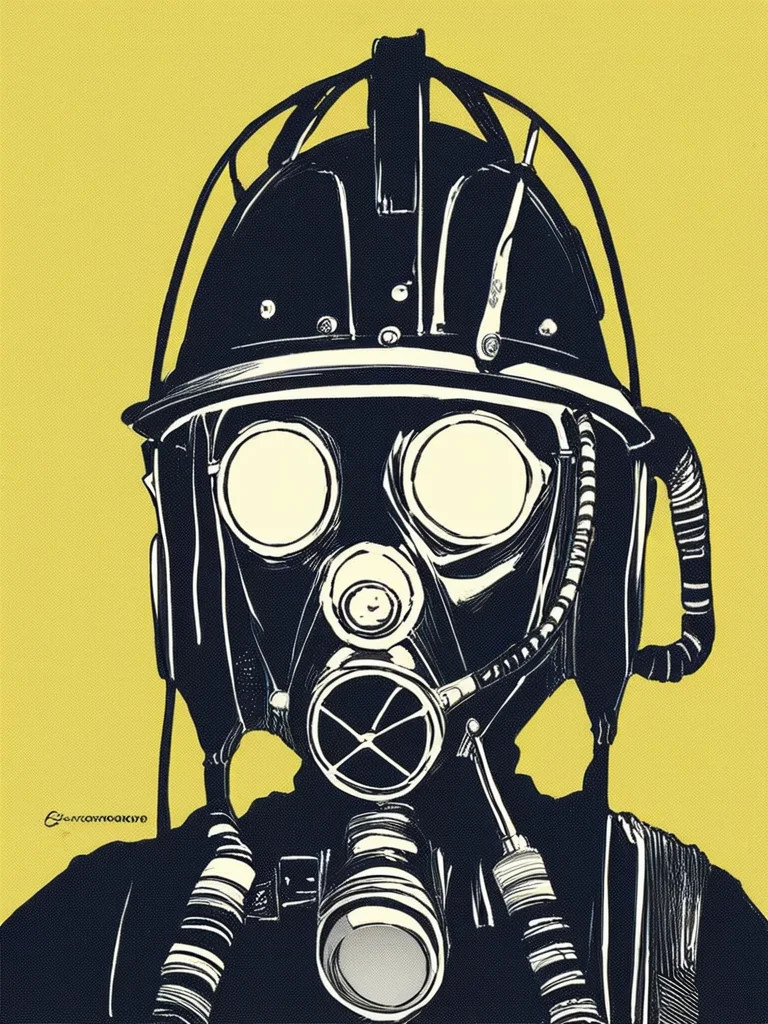 source_anime, score_9, score_8_up,morkborg, solo, mask, helmet, , yellow background, 1other, ambiguous gender, gas mask, tube , flat color, cel shading, lineart, crosshatching, monochrome, <lora:MorkBorgPDXL:0.75>