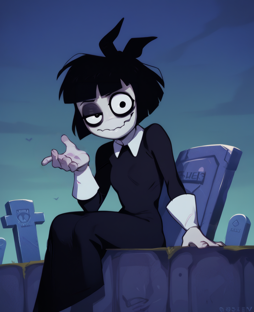 score_9,score_8_up,score_7_up,score_6_up,
susiexl,short hair,bangs,wavy mouth,black eyeliner,black eyes,right eye half closed,left eye open,
black dress,long sleeves,wrist cuffs,black hair ribbon,
looking at viewer,light smile,
sitting,
cemetery,night,tombstone,
<lora:SusieB98:1>,