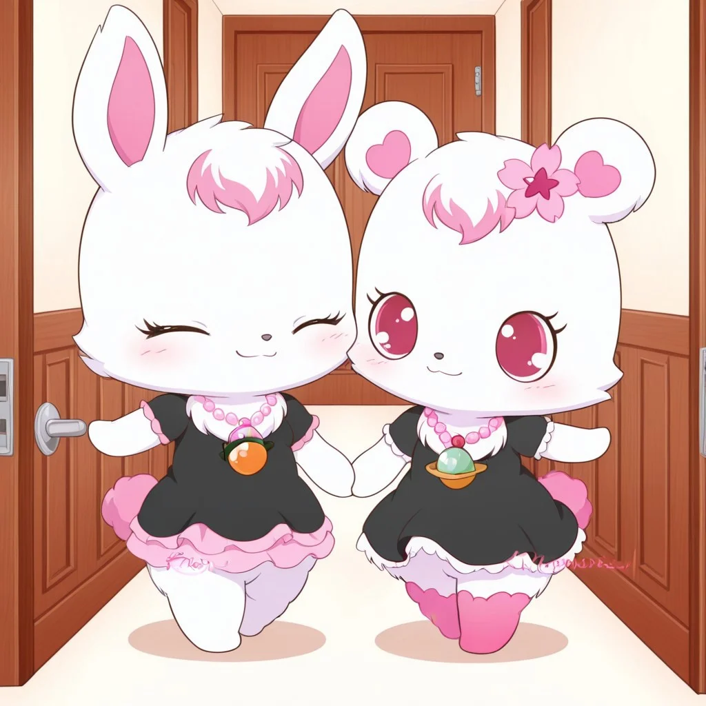 score_9, score_8_up, score_7_up, score_6_up, score_5_up,
best quality, masterpiece, smirks, Full Body, Romantic, Small Body, Furry, looking_pleasured, 2characters, 2girls , duo, couples, rubyjp, no humans, rabbit, chibi, furry, hair ornament, necklace, jewelry, chest fur, white fur, labrajp, chibi, feral, multicolored hair, pink tail, tufted fur, furry, one pink leg, necklace, bear, hunted mansion, slowly walking, black dress, holding hands, hand on door, push door open, duo girls, duo, hallway, from hallway to bedroom,