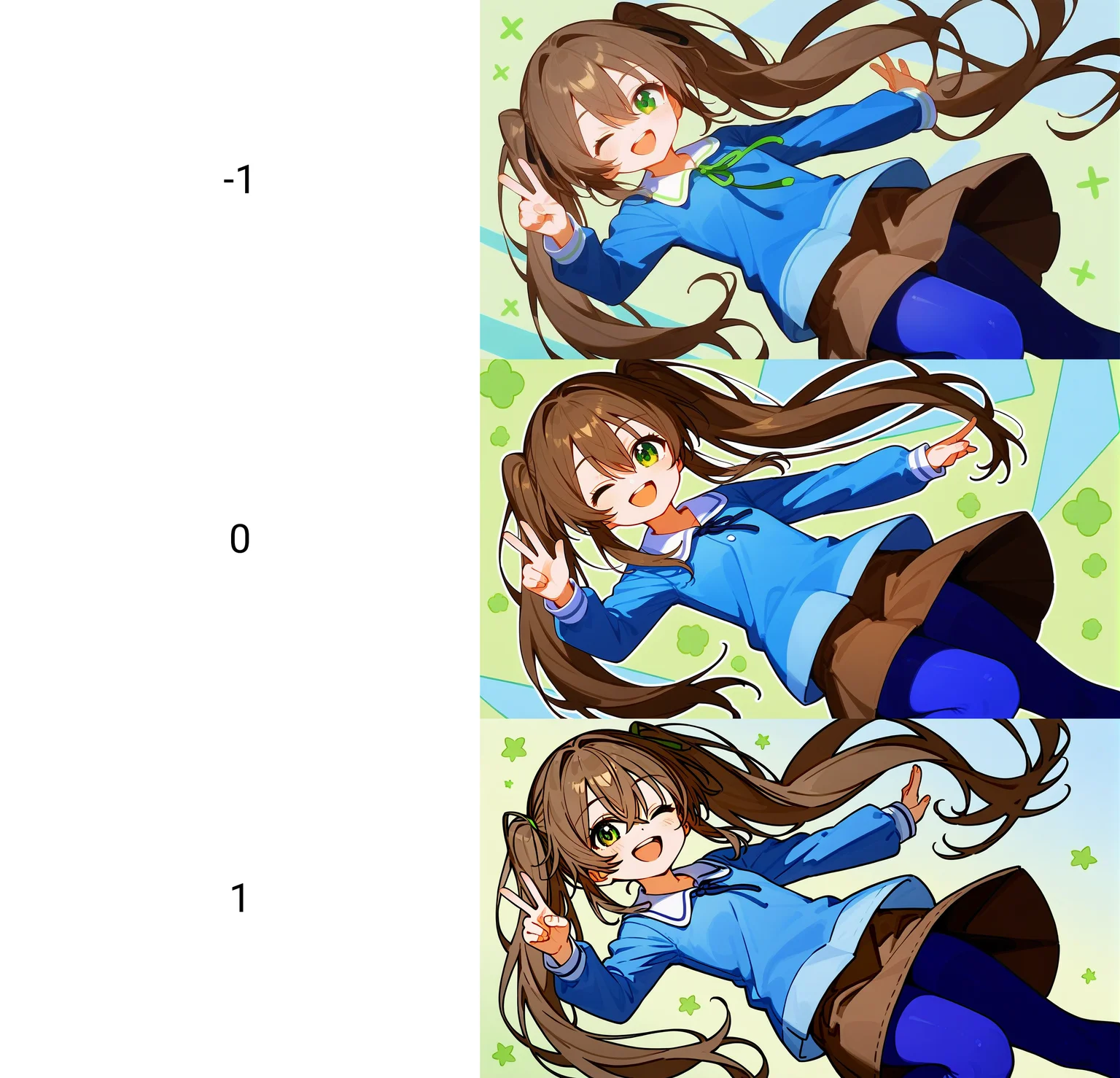 1girl, 
rating safe, solo, skirt, pantyhose, shirt, smile, blue shirt, brown skirt, green eyes, twintails, long hair, brown hair, long sleeves, open mouth, blue pantyhose, hair between eyes, one eye closed
 <lora:pony-lineart_adjust-mki:-1>