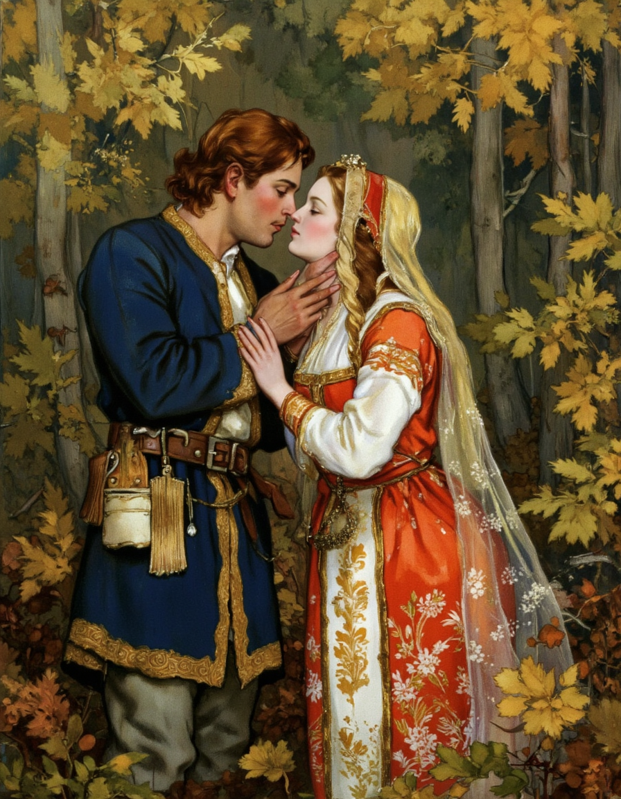 <lora:kochergin:1>, man dressed and woman princess  kissin in the wood