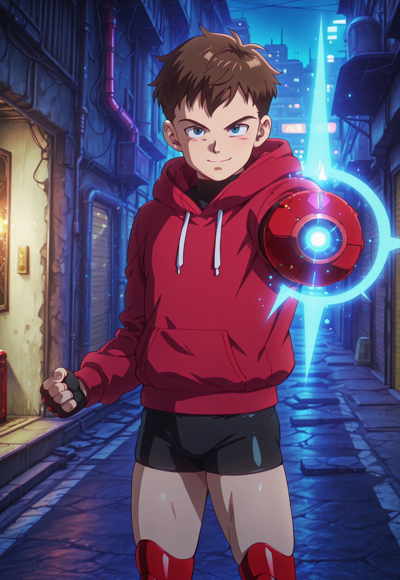 dbstyle, masterpiece, best quality, hyper-Detailed, 1man, solo, male focus, alone, detailed, Harlequin_(king) ((adult, toned body, fair skin, brown short hair, detailed blue eyes, red prosthetic legs)), ((wearing red hoodie above a black turtleneck, black tight shorts, black fingerless gloves)), cyberpunk alley, dark alley, night, staring the viewer, smiling, red cannon, arm cannon, aiming at viewer, blue glow, charging up,