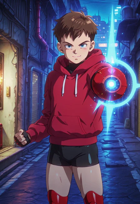 dbstyle, masterpiece, best quality, hyper-Detailed, 1man, solo, male focus, alone, detailed, Harlequin_(king) ((adult, toned body, fair skin, brown short hair, detailed blue eyes, red prosthetic legs)), ((wearing red hoodie above a black turtleneck, black tight shorts, black fingerless gloves)), cyberpunk alley, dark alley, night, staring the viewer, smiling, red cannon, arm cannon, aiming at viewer, blue glow, charging up,