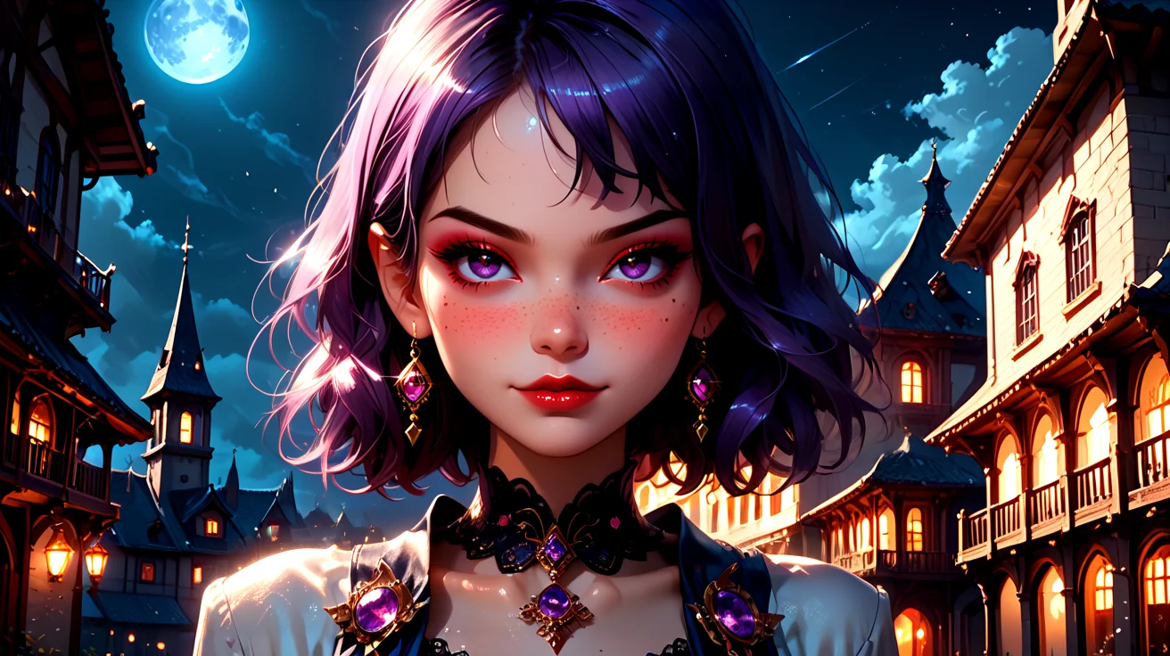 <lora:Fjola-000007:0.5>, Fjola, purple hair, purple eyes, facing viewer, small breasts, gloves, boots, closed mouth smirk,
outside, on the top of a building at night,
1 girl, cute, (petite), (red lips:0.8), sultry look, seductive,
(Full body shot:0.7),
<lora:detailed_notrigger:1>,
PonyScores7,
<lora:MythP0rtr4itStyle:0.4> mythp0rt,
epic beautiful lighting, god rays, moonlight beams, volumetric lighting, rim lighting, nighttime scene, blue moon,
masterpiece, beautiful and detailed brightness, (goosebumps:0.5), subsurface scattering, ultra realistic, textured skin, visible skin detail, skin fuzz