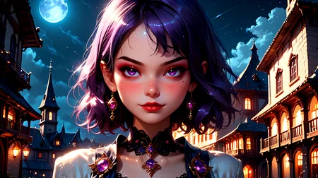 <lora:Fjola-000007:0.5>, Fjola, purple hair, purple eyes, facing viewer, small breasts, gloves, boots, closed mouth smirk,
outside, on the top of a building at night,
1 girl, cute, (petite), (red lips:0.8), sultry look, seductive,
(Full body shot:0.7),
<lora:detailed_notrigger:1>,
PonyScores7,
<lora:MythP0rtr4itStyle:0.4> mythp0rt,
epic beautiful lighting, god rays, moonlight beams, volumetric lighting, rim lighting, nighttime scene, blue moon,
masterpiece, beautiful and detailed brightness, (goosebumps:0.5), subsurface scattering, ultra realistic, textured skin, visible skin detail, skin fuzz