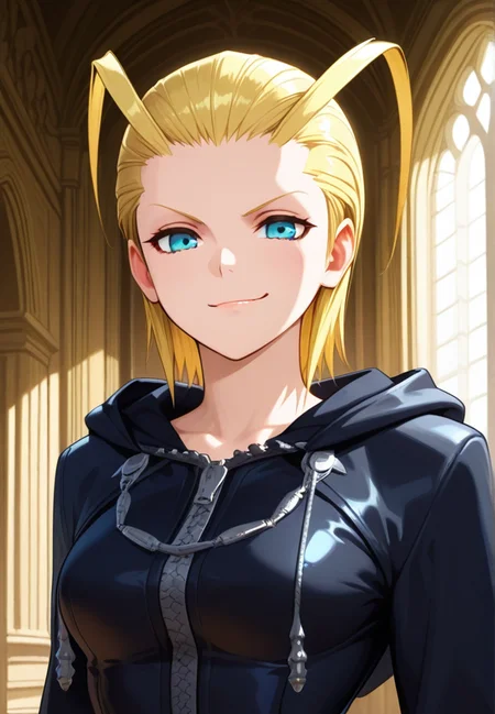 masterpiece, best quality, amazing quality, very aesthetic, absurdres, newest, detailed background, upper body, indoors, white palace, marble, columns
larxenekh, 1girl, solo, blonde hair, antenna hair, hood, smirk, upper body, short hair, hood down, looking at viewer, forehead, zipper, hair slicked back, blue eyes, black coat
<lora:Larxene_-_Kingdom_Hearts_Illustrious_r2:1>