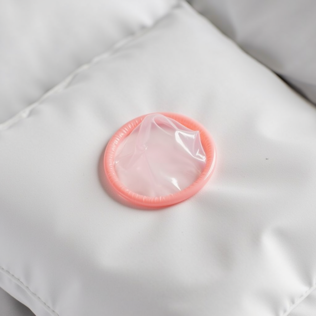 photograph of a condom wrapper sitting on a bed pillow