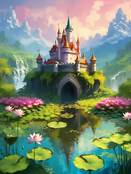 A fairytale castle on top of a lotus stream, digital painting, <lora:xl_more_art-full-beta2:1>