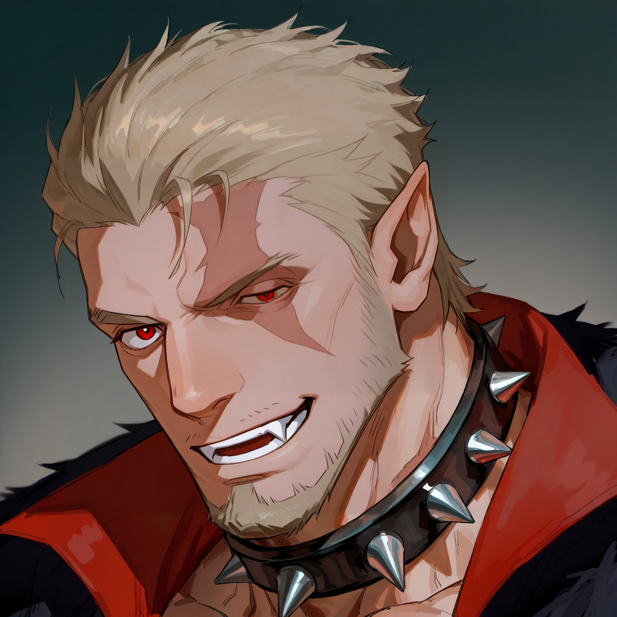 <lora:Nikolai__Castlevania_Nocturne:.75>,, Nikolai, slicked back hair, blonde hair, spiked collar, scar on face, pointy ear, red eyes, left eye closed, stubble, vampire fang,
(very short hair, beard, bara, mature, facial hair, stubble, beard, full beard, sideburn, beard, a lot of beard, ), facial hair,male focus, muscular male, muscular male, bara, mature,  bara, mature, aixiwuganda_(20222192), very awa, masterpiece, best quality, absurdres, newest, perfect quality, detailed background, intricate details,
<lora:slider_Body Type_alpha1.0_rank4_noxattn_last:3><lora:Anime Summer Days 2 Style SDXL_LoRA_Pony Diffusion V6 XL:.6><lora:slider_cfg_scale_boost:.7><lora:Artist6p:.55>, Artist6p, Artist04p,<lora:slider_il_brightness_slider_d1:-1><lora:slider_il_contrast_slider_d1:-1><lora:slider_DarkSlider1.2_alpha1.0_rank16_full_300steps:-.6>