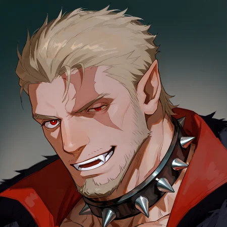 <lora:Nikolai__Castlevania_Nocturne:.75>,, Nikolai, slicked back hair, blonde hair, spiked collar, scar on face, pointy ear, red eyes, left eye closed, stubble, vampire fang,
(very short hair, beard, bara, mature, facial hair, stubble, beard, full beard, sideburn, beard, a lot of beard, ), facial hair,male focus, muscular male, muscular male, bara, mature,  bara, mature, aixiwuganda_(20222192), very awa, masterpiece, best quality, absurdres, newest, perfect quality, detailed background, intricate details,
<lora:slider_Body Type_alpha1.0_rank4_noxattn_last:3><lora:Anime Summer Days 2 Style SDXL_LoRA_Pony Diffusion V6 XL:.6><lora:slider_cfg_scale_boost:.7><lora:Artist6p:.55>, Artist6p, Artist04p,<lora:slider_il_brightness_slider_d1:-1><lora:slider_il_contrast_slider_d1:-1><lora:slider_DarkSlider1.2_alpha1.0_rank16_full_300steps:-.6>