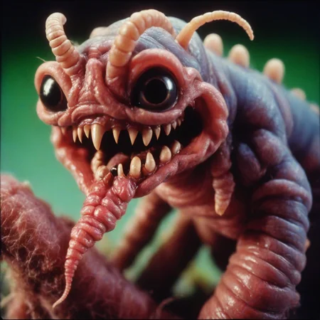 <lora:fx-monsters-xl-pgy-000020:0.5> fx-monsters creepy worm creature, analog film