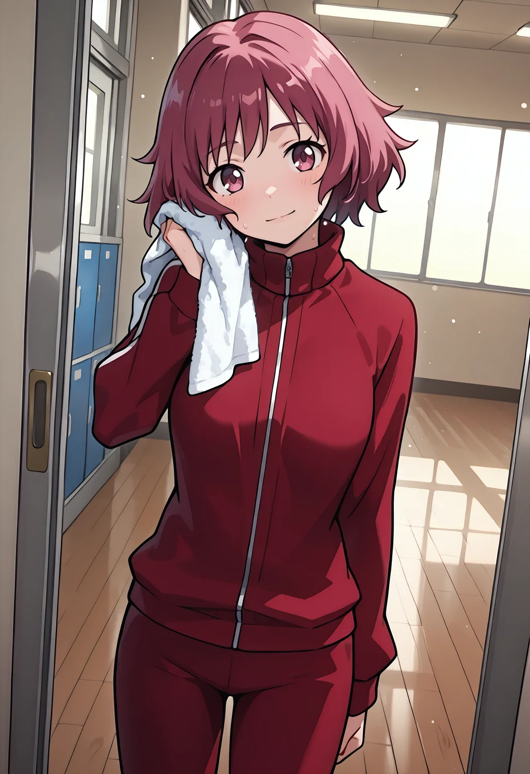 best quality, amazing quality, perfect quality, high quality, masterpiece, absolutely eye-catching BREAK
<lora:Toradora_-_Sakura_Kano:1> ToradoraSakura, dark pink eyes, dark pink hair, short hair, wispy bangs, medium breasts BREAK
red track jacket, red track pants BREAK
indoors, school, gym, wooden floor, light particles BREAK
1girl, solo, standing, towel, sweat, wiping sweat, light smile, head tilt, looking at viewer, dutch angle, cowboy shot