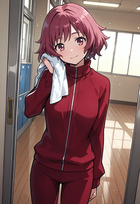 best quality, amazing quality, perfect quality, high quality, masterpiece, absolutely eye-catching BREAK
<lora:Toradora_-_Sakura_Kano:1> ToradoraSakura, dark pink eyes, dark pink hair, short hair, wispy bangs, medium breasts BREAK
red track jacket, red track pants BREAK
indoors, school, gym, wooden floor, light particles BREAK
1girl, solo, standing, towel, sweat, wiping sweat, light smile, head tilt, looking at viewer, dutch angle, cowboy shot
