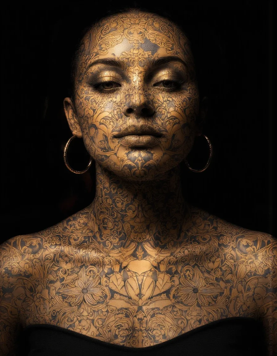Art by Juan Brufal.
This is a highly detailed, surrealistic watercolor painting of a close-up of a person's upper torso and head. The subject is a bald woman with dark skin, adorned with intricate, tribal-style tattoos that cover her entire face and chest. The tattoos are done in a gold and black color scheme, with elaborate patterns and geometric designs that include symmetrical swirls, triangles, and abstract shapes. The woman's facial features are barely discernible due to the extensive tattooing, which extends from her forehead, around her eyes, and down to her lips. Her eyes are closed, and her expression is calm and serene. She wears large gold hoop earrings and has a slight smile, adding a subtle, serene expression to her face. The background is completely black, which contrasts sharply with the gold and black tattoos, making them stand out prominently. The lighting is soft and diffused, highlighting the smooth texture of the skin and the intricate details of the tattoos. The overall style of the artwork is contemporary and abstract, with a strong emphasis on geometric patterns and bold, contrasting colors.