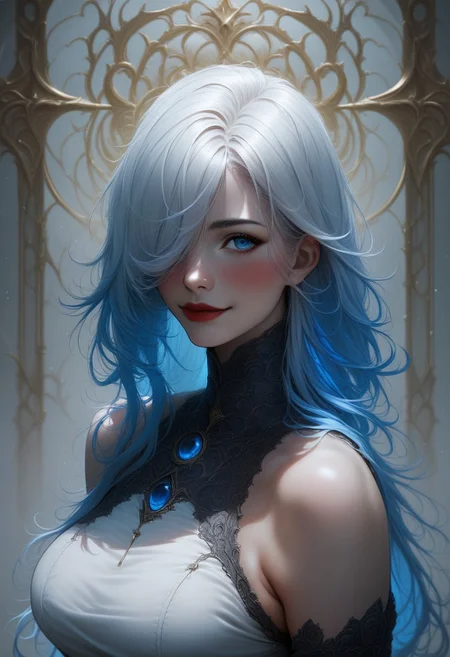 score_9, score_8_up, score_7_up, uocst3t1c,UOCestetic,UOC estetic, rating_safe, 1girl, solo, long hair, breasts, looking at viewer, blush, smile, bangs, blue eyes, large breasts, black hair, closed dress, gloves, dress, bare shoulders, closed mouth, blue hair, upper body, multicolored hair, elbow gloves, hair over one eye, collar, lips, gradient hair, red lips,