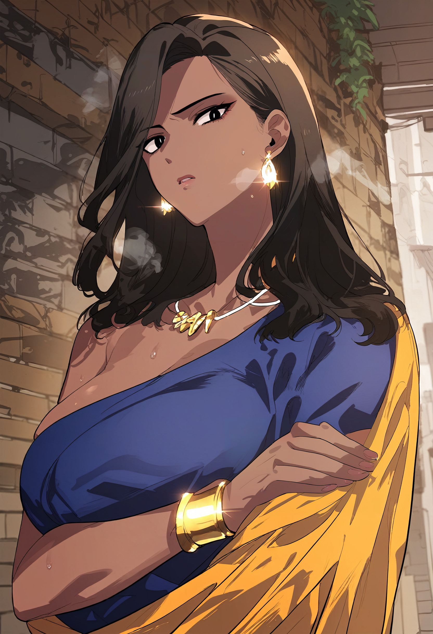 score_9, score_8_up, score_7_up, score_6_up, source_anime, rating_explicit, 1girl, solo, huge breasts, <lora:Nishaautisponyxl:1> dark skin, dark-skinned female, long hair, brown hair, black eyes, black hair, bright pupils, white pupils, earrings, jewelry, gold bracelet, necklace, blue dress, yellow dress, serious, parted lips, Narrow shoulders, heavy breathing, steaming body, alley, outdoors, looking at viewer, standing, crossed arms, close-up