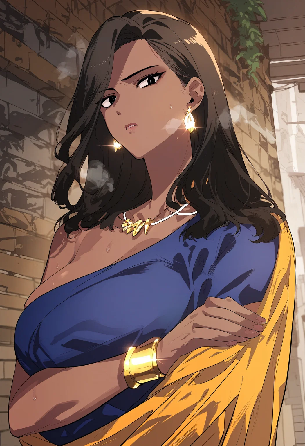 score_9, score_8_up, score_7_up, score_6_up, source_anime, rating_explicit, 1girl, solo, huge breasts, <lora:Nishaautisponyxl:1> dark skin, dark-skinned female, long hair, brown hair, black eyes, black hair, bright pupils, white pupils, earrings, jewelry, gold bracelet, necklace, blue dress, yellow dress, serious, parted lips, Narrow shoulders, heavy breathing, steaming body, alley, outdoors, looking at viewer, standing, crossed arms, close-up