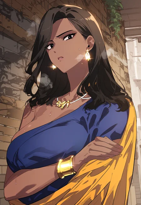 score_9, score_8_up, score_7_up, score_6_up, source_anime, rating_explicit, 1girl, solo, huge breasts, <lora:Nishaautisponyxl:1> dark skin, dark-skinned female, long hair, brown hair, black eyes, black hair, bright pupils, white pupils, earrings, jewelry, gold bracelet, necklace, blue dress, yellow dress, serious, parted lips, Narrow shoulders, heavy breathing, steaming body, alley, outdoors, looking at viewer, standing, crossed arms, close-up