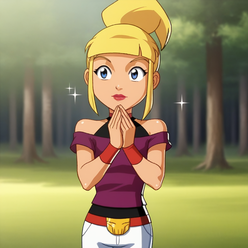 score_7_up, BREAK, 1girl, solo, Tami, blonde hair, high ponytail, blue eyes, lipstick, shirt, off shoulders, white pants, wristband,  <lora:Tami_SpieZ_PXL_Leaf1:1>, cowboy shot, blurry background, sparkle background, forest,