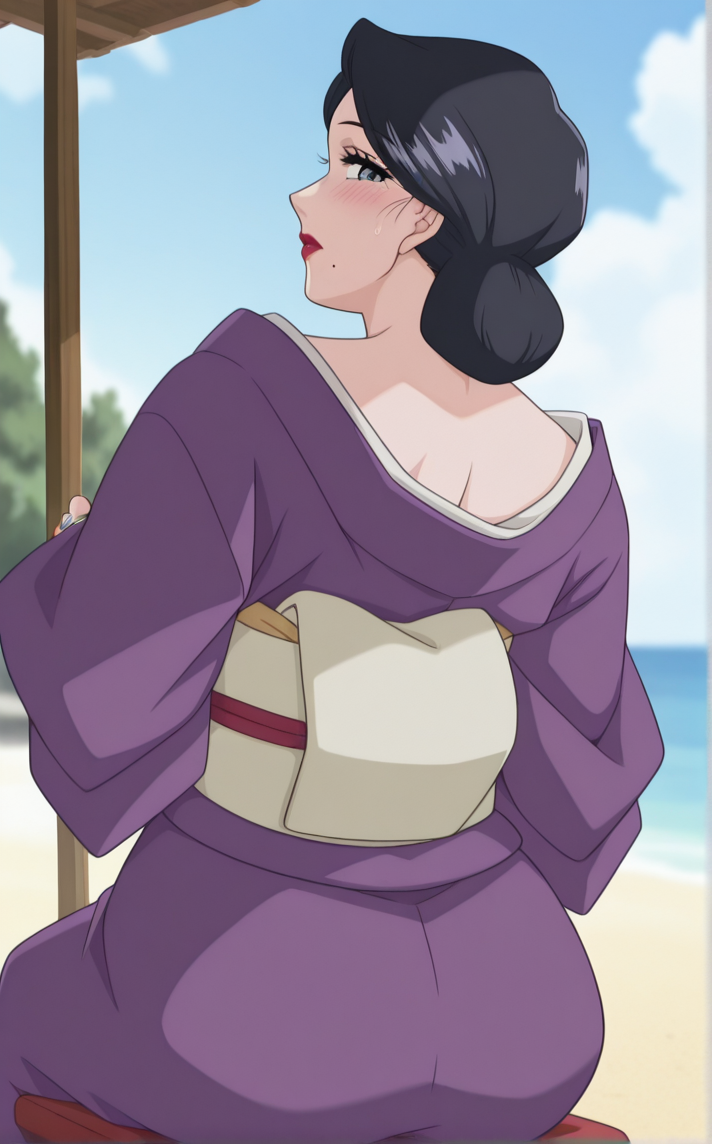 masterpiece, best quality, insaneres, absurdres,1girl, depth of field, solo, looking at viewer, sitting, ass, outdoors, sky, day, looking back, cloud, from behind, blue sky, back, chair, blush, sitting backwards, tree, beach chair, <lora:ILLUSTXL_MistreatedBride_SumieTakayanagi_ownwaifu:1>, BREAK PurpleKimono_SumieTakayanagi_ownwaifu, 1girl, black hair, breasts, grey eyes, japanese clothes, lipstick, makeup, mature female, mole under mouth, purple kimono, red lips, single hair bun, obi, sash, short hair, long sleeves, collarbone, hair bun, eyelashes, lips, swept bangs, wedding ring, wide sleeves, white skin,