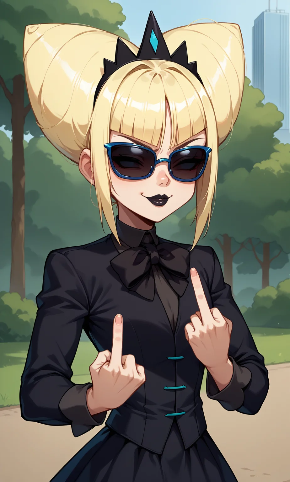 score_9, score_8_up, score_7_up, source_anime, upper body, facing viewer, smug, closed mouth, k4lik1ng, 1girl, solo, blonde hair, cone hair bun, black lips, tiara, black jacket, two-tone jacket, long sleeves, black bowtie, collared shirt, black skirt, outdoors, park, halfpipe, double middle finger, head back, sunglasses, covered eyes