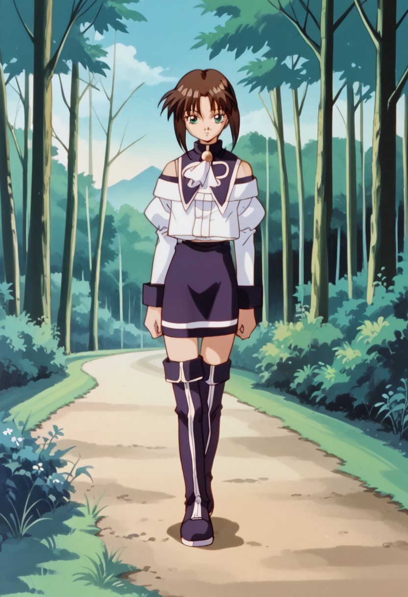 score_8, score_8_up, score_7_up, AWGXS, anime screenshot, retro artstyle,1990s (style), cel animation BREAK 1girl, female focus, solo, Natsumi_SN1, green eyes, brown hair, short hair, bangs, sidelocks, short hair with long locks, capelet, neck bell, ascot, off-shoulder shirt, bare shoulders, juliet sleeves, long sleeves,  sleeve cuffs, circle skirt, fold-over boots, thigh boots, zettai ryouiki, full body, looking at viewer, outdoors, forest, woods, trees, grass, path,