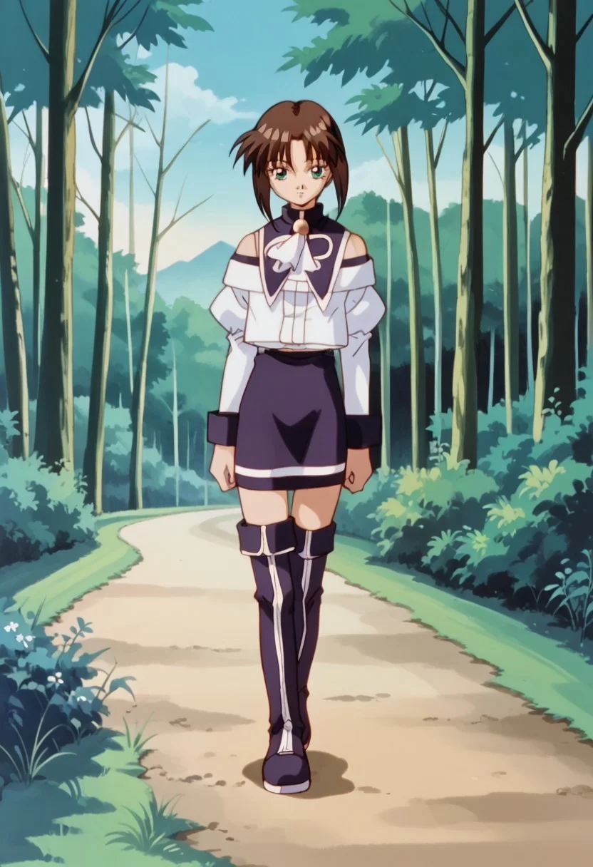 score_8, score_8_up, score_7_up, AWGXS, anime screenshot, retro artstyle,1990s (style), cel animation BREAK 1girl, female focus, solo, Natsumi_SN1, green eyes, brown hair, short hair, bangs, sidelocks, short hair with long locks, capelet, neck bell, ascot, off-shoulder shirt, bare shoulders, juliet sleeves, long sleeves, sleeve cuffs, circle skirt, fold-over boots, thigh boots, zettai ryouiki, full body, looking at viewer, outdoors, forest, woods, trees, grass, path,
