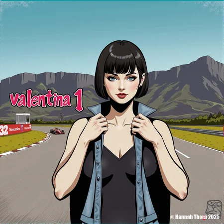 A digital illustration featuring a woman with a short black bob haircut and blue eyes, wearing a denim jacket that reveals her cleavage, standing in the middle of the image. the woman has a confident expression and is looking directly at the viewer. her hair is styled in a bob cut with blunt bangs, and she has blue eyes that seem to be looking straight into the camera. the background is a stylized illustration of a race track with a red race car in the distance, with the number 32 on the side. the image also features the text "valentina 1" in a bold, pop art style, with a watermark in the bottom right corner.<lora:_Flux\Flux_Crepax.safetensors:0.7000000000000001:0.7000000000000001>